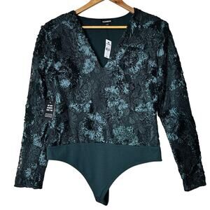 Express NWT Top Bodysuit Emerald Green Lace Thong Long Sleeve‎ V Neck Size L